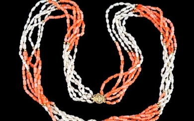 VINTAGE PEARL AND PINK CORAL MULTI STRAND NECKLACE