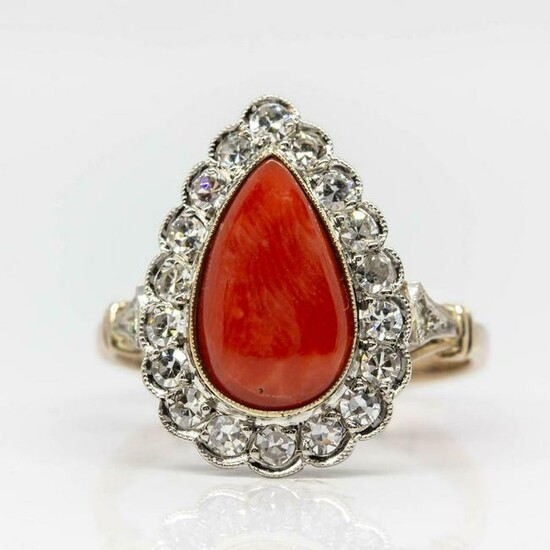 Victorian 18K Gold and Platinum Diamond and Coral Ring