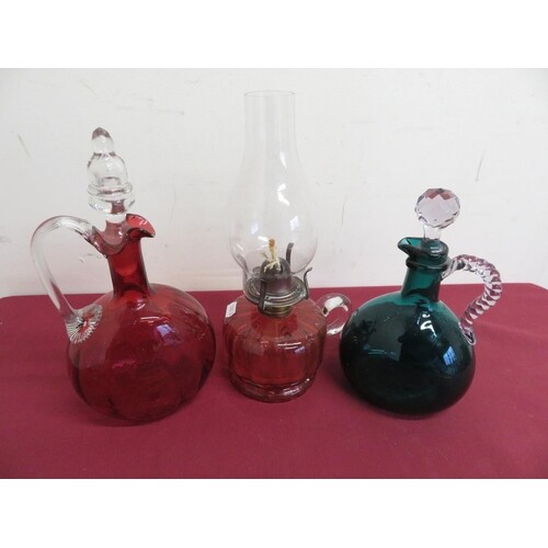 Victorian Cranberry and clear glass moon shaped decanter wit...