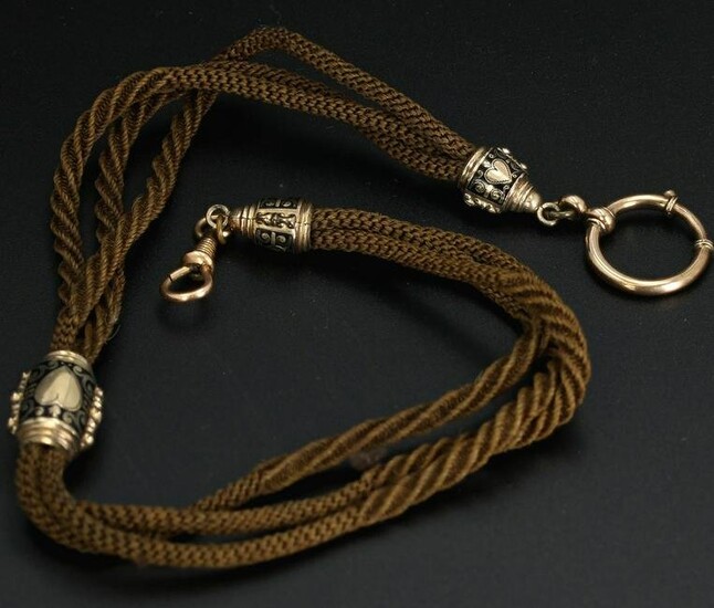Victorian Hairwork Niello Enamel Pocket Watch Chain
