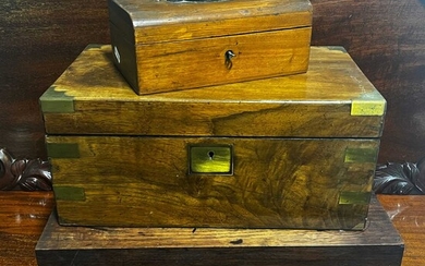 Victorian brass-mounted walnut writing box, a rsoewood box, and another.