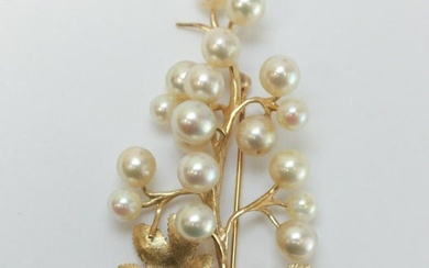 Vintage 14k Yellow Gold Pearl Brooch branch like form with multiple size pearls