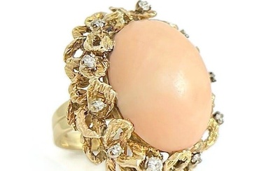 Vintage 1950's 1960's Oval Coral Diamond Cocktail Ring 14K Yellow Gold, 20.86 Gr