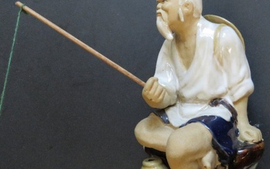 Vintage Ceramic Fisherman, Chinese Mudmen Figurine Shiwan 1950s