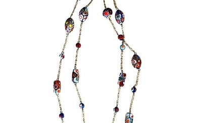 Vintage Station Millefiori Art Glass Oval Beads Gold Tone Chain Necklace