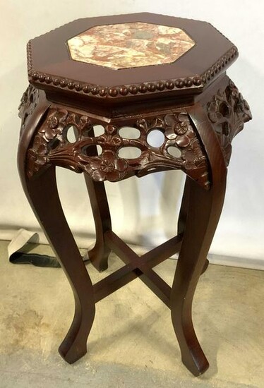 Vntg ROYOLA PACIFIC Marble Top Wood Plant Stand