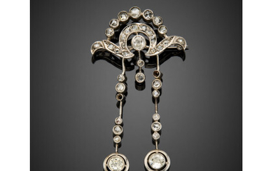 White 9K gold brooch with two pendants ending with a ct. 0.40 circa diamond each, pear shape and rose cut...