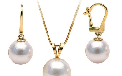 White Akoya Pearl Solitaire Pendant and Dangle Earring Set