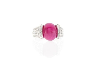 White Gold, Cabochon Ruby and Diamond Ring