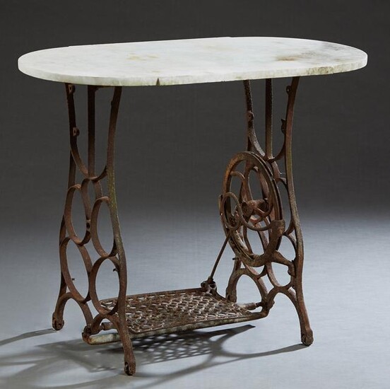 White Marble Top Patio Table, 20th c., the rounded side
