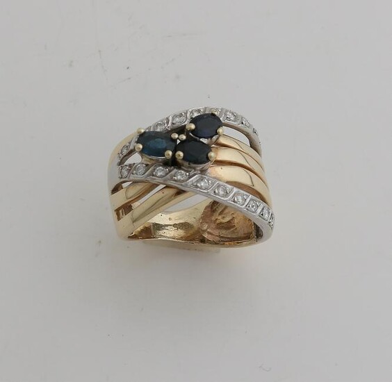Wide yellow gold ring, 585/000, with sapphire and