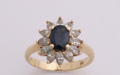 Yellow gold ring, 585/000, with sapphire and diamond.