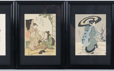 Zes ingelijste Japanse prenten (20e eeuw), Diverse voorstellingen, w.o. krijgers en geisha's