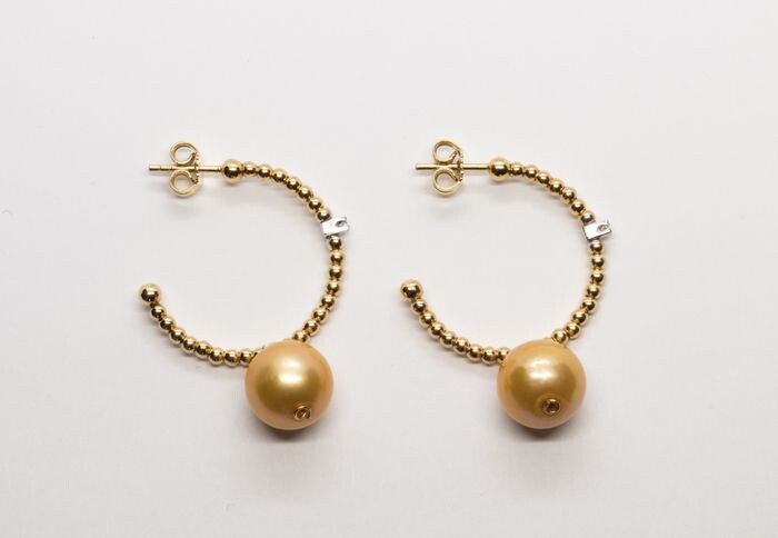 n - 18 kt. Golden south sea pearl, Yellow gold, 10.00 mm - Earrings - 0.04 ct Diamond