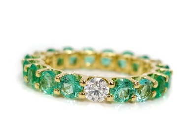 *no reserve* 3.00 ct Green Emerald & 0.65 ct E to F Diamond Designer Ring - 2.91 gr - 14 kt. Yellow gold - Ring - 3.00 ct Emerald - Diamond