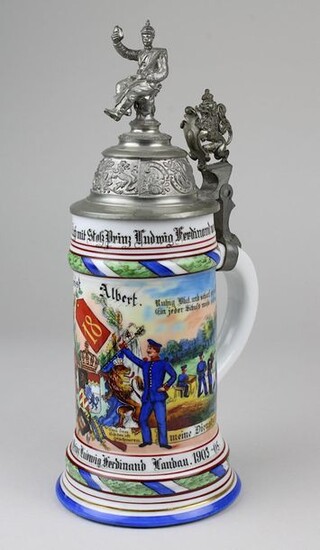 reservist jug royal Bavarian 18 Inftr.-Rgt. Prince Ludwig Ferdinand, Landau 1903 - 05, reservist Albert, colourful staffed, with scenes from the life of a soldier and the Bavarian coat of arms, 2 lasts with members of the regiment, floor painting...