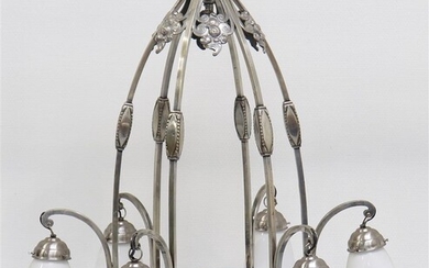 (-), verzilverde Art Nouveau hanglamp met witte opaline...