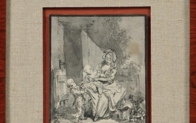 Attributed to Sigismund Freudenberger (Swiss, 1745-1801) Seated Mother with Baby and Small Child in a Walled Garden