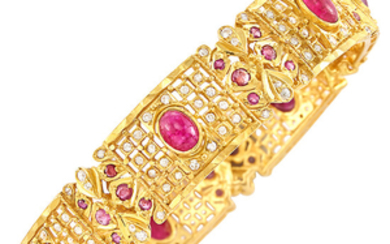 High Karat Gold, Cabochon Ruby and Simulated Diamond Bangle Bracelet