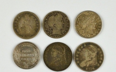 Six Half Dollars, 1830 and 1833 capped bust, an 1877-S seated Liberty, 1896-O and 1902 Barber, and a 1920 Maine commemorative.