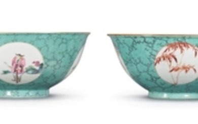 TWO TURQUOISE-GROUND 'MEDALLION' BOWLS QING DYNASTY, 19TH CENTURY