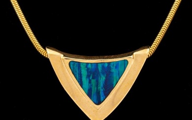 14K Yellow Gold Opal Inlay Pendant Necklace