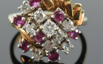 14K yellow gold diamond and ruby ladies fashion ring.
