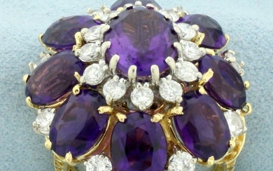 14ct Amethyst and Diamond Flower Statement Ring in 18k Yellow Gold
