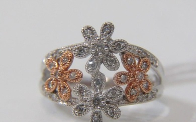 14ct WHITE & ROSE GOLD FLORAL DESIGN DIAMOND CLUSTER RING, s...