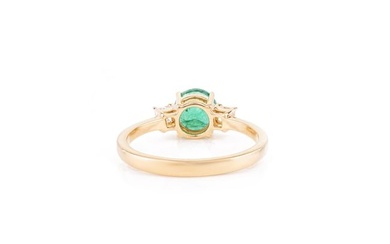14k Solid Yellow Gold Emerald and Diamond Three-Stone Engagement Ring