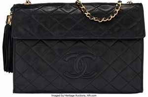 16052: Chanel Black Quilted Lambskin Leather Tassel Sho