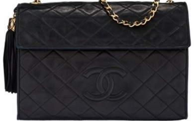 16052: Chanel Black Quilted Lambskin Leather Tassel Sho