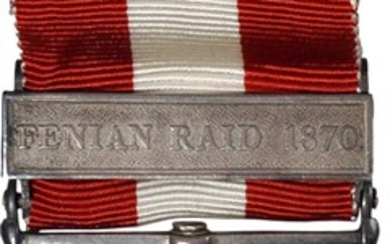 (1899) Canada General Service medal with one clasp: FENIAN RAID 1870. Silver, 36 mm. MY-125 (clasp ii), BBM-80. Edge mount with straight...