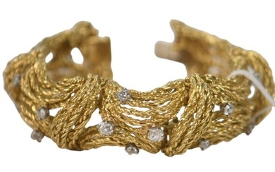 18K Yellow Gold Bracelet with Diamond Accents. Wt. 91 grams 5" inner circumference 1" wide. 15