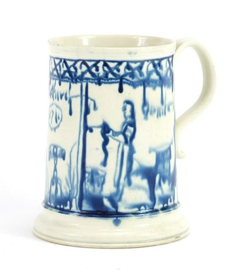 18th century pearlware tankard decorated with a couple