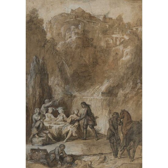 CIRCLE OF NICHOLAS LANCRET (FRENCH 1690 - 1743) ELEGANT FIGURES DINING BEFORE A WATERFALL