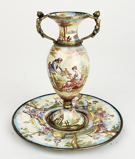 19th C. Viennese Enamel on Silver Figural Vase w/
