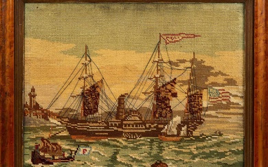 19th century woolwork picture of an American steamship, in glazed maple veneered frame