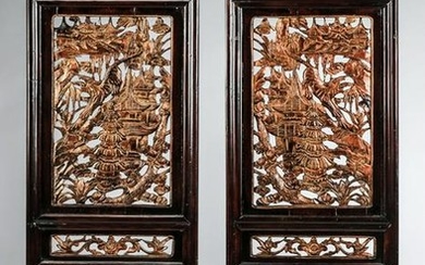 (2) Carved Asian architectural panels, 54"h