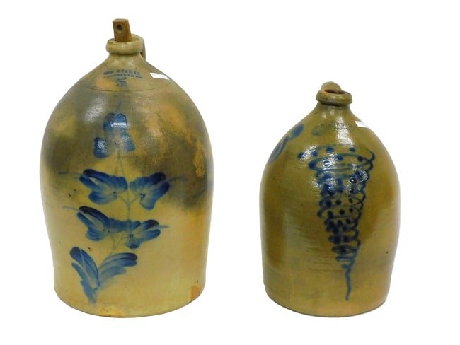 (2) blue decorated stoneware jugs. 19th-century.