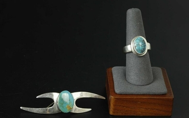 2 vintage sterling silver and turquoise pieces, marked