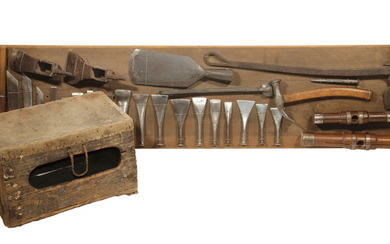 SET OF SHIPWRIGHT'S SHIP CAULKING TOOLS ON DISPLAY BOARD, ALONG WITH CRATE STOOL