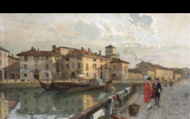 Arturo Ferrari ( Milano 1861 - 1932 ) , "Il Naviglio di Viarenna" 1894 olio su tela (cm 80x133) Firmato e datato in basso a destra Bibliografia: E.Sioli Legnani...