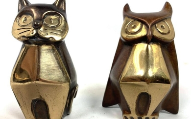 2pc SUZANNE SABLE Cat and Owl Figural Sculptures. Bronz