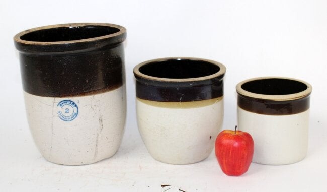 3 glazed American pottery crocks