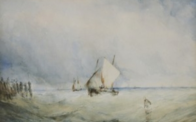 Circle of John Callow (1822-1878) FISHING BOATS OFF THE COAST Watercolour 24 x 35.5cm