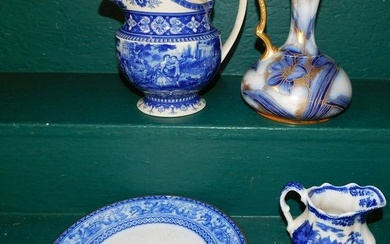 4 Blue & White Porcelain Items, (2 Pitchers, 1 Ewer, & Warming Plate)