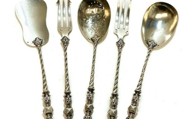 5 French 800 Silver Condiment Serving Spoons and Forks