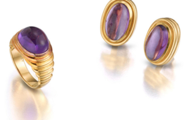 An 18k gold and amethyst ring and earclip suite,, Bulgari