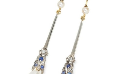 ART DECO PEARL, SAPPHIRE AND DIAMOND EARRINGS set with